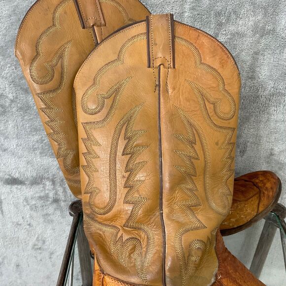 Vintage Justin Ostrich Cowboy Boots Mens 10.5 D Two tone tan full quill * - Picture 15 of 16